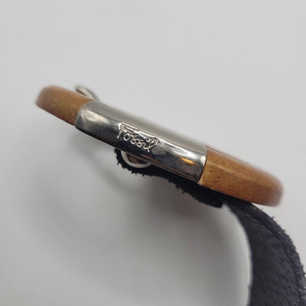 Fossil Belt Womens Medium Black Leather Wide Wood Metal Buckle Boho Statement - Picture 8 of 9